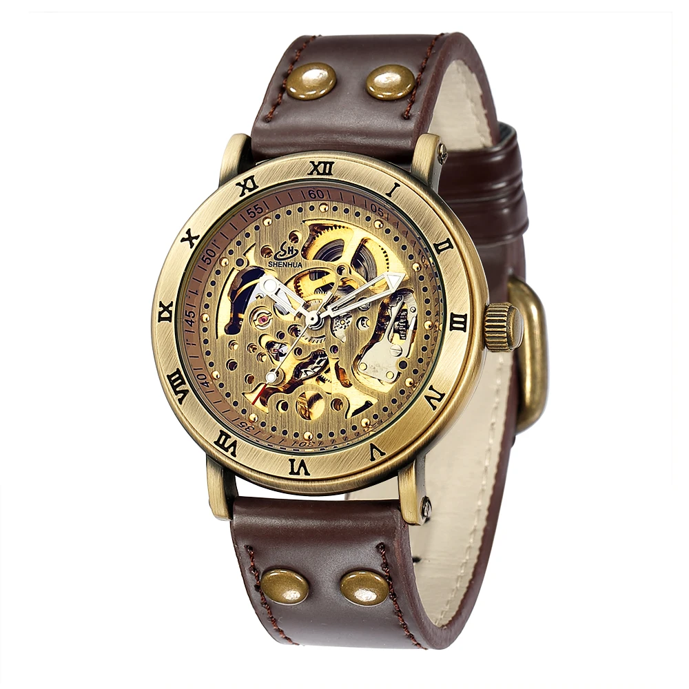 SHENHUA Vintage Bronze Automatic Watches Men Skeleton Leather Strap Self-winding Mechanical Clock Waterproof Relogio Masculino