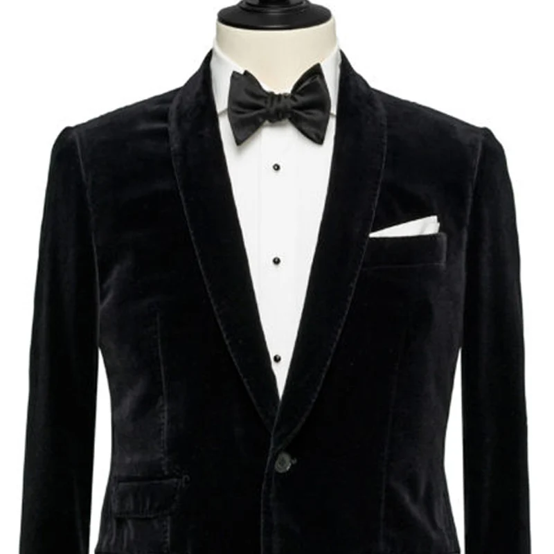 Black Velvet Men Suits Jacket Blazer Groom Wear 2018 Shawl Lapel Custom Made Wedding Groom Tuxedos 