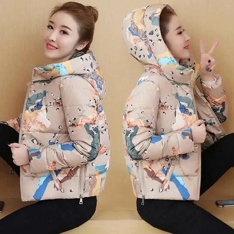 

2019 New Winter Women Hooded Casual Floral Print Coat Female Thicken Loose Bread Style Jacket Lady Down Cotton Outwear Parka C56