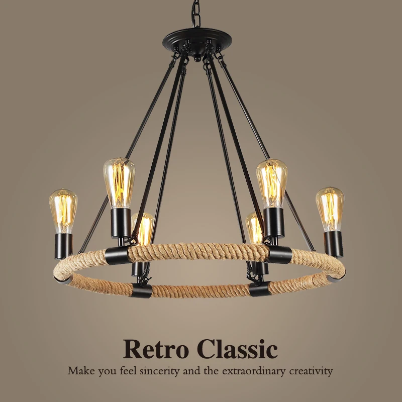

6 8 heads Loft retro Pendant lights Vintage creative American country rope lamp store cafe restaurant iron bar light hemp rope
