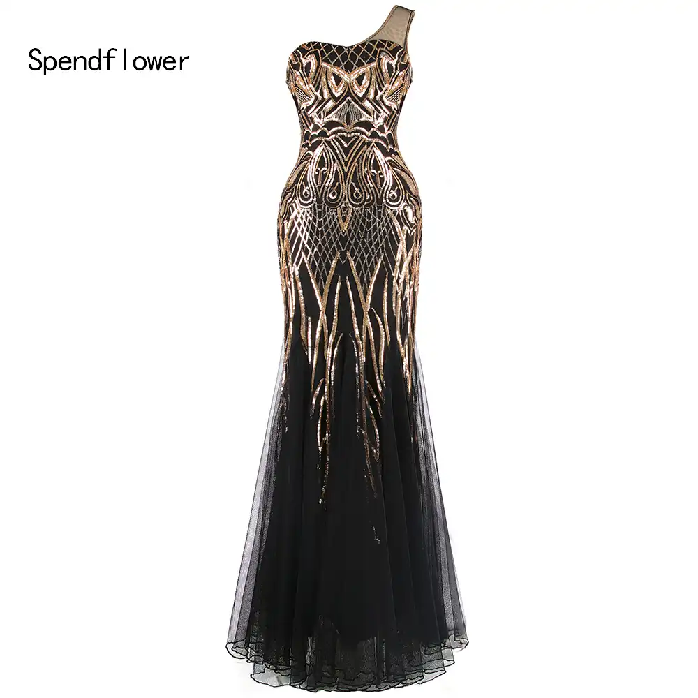 Spendflower 1920s Gold Owl Sparkle Sequin Pattern One Shoulder Art