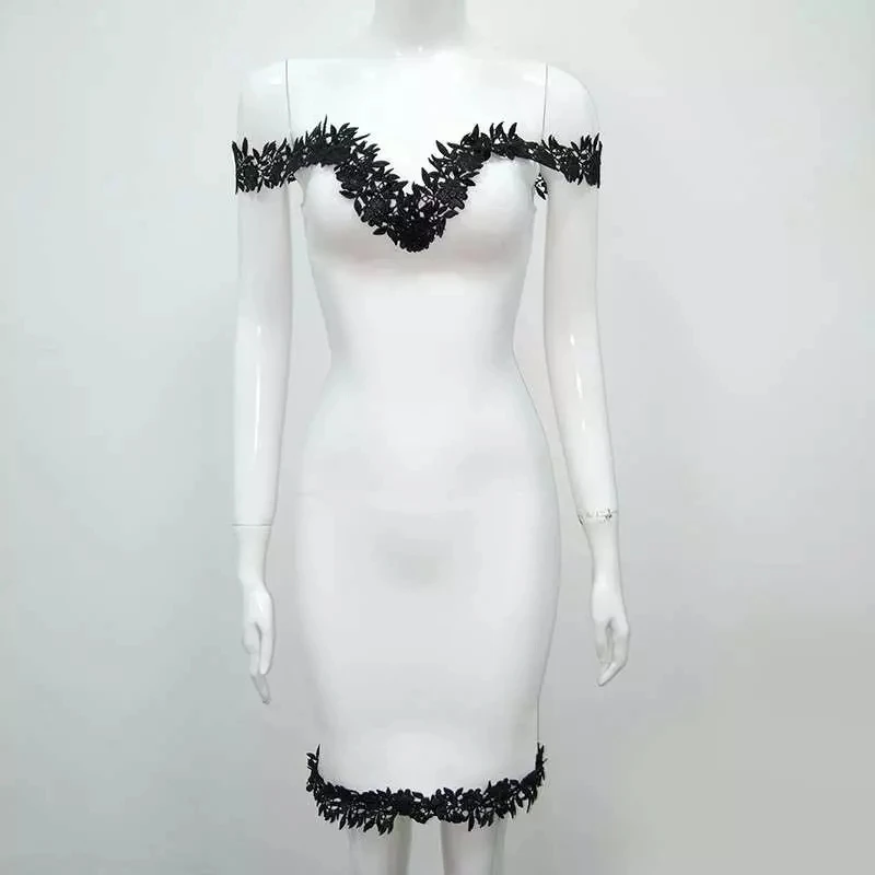 Новое Женское летнее однотонное обнаженное сексуальное кружевное Бандажное платье с открытыми плечами трикотажное облегающее дизайнерское платье - Цвет: Белый