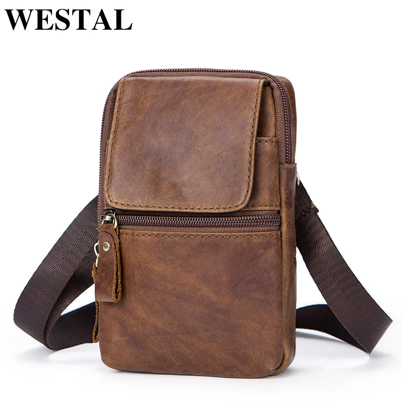 WESTAL جلد الرجال حقيبة جلد طبيعي الكتف Crossbody أكياس ل رجل الخصر حقيبة حقيبة ساع الرجال صغيرة الهاتف الحقيبة رفرف 1024