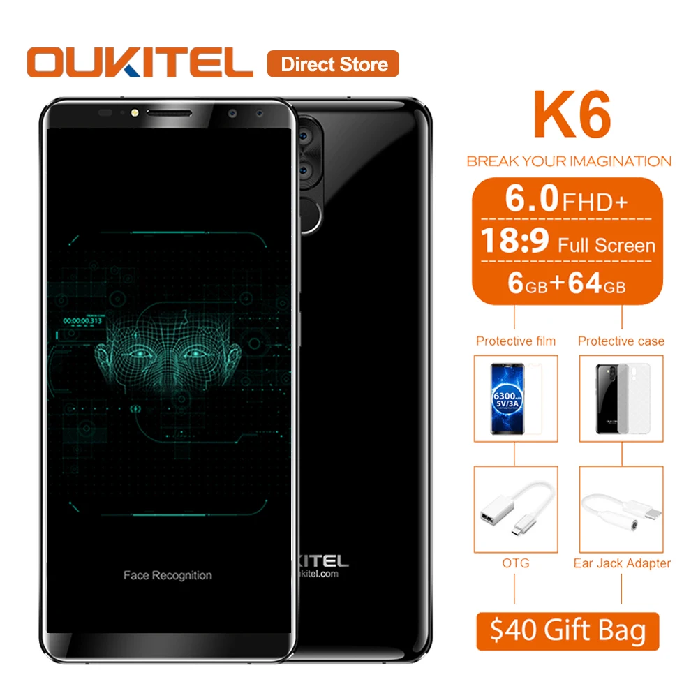 Oukitel K6 Уход за кожей лица ID 6300 мАч 4 г смартфон 6.0 &quot18:9 FHD + Android 7.1 mtk6763 Восьмиядерный