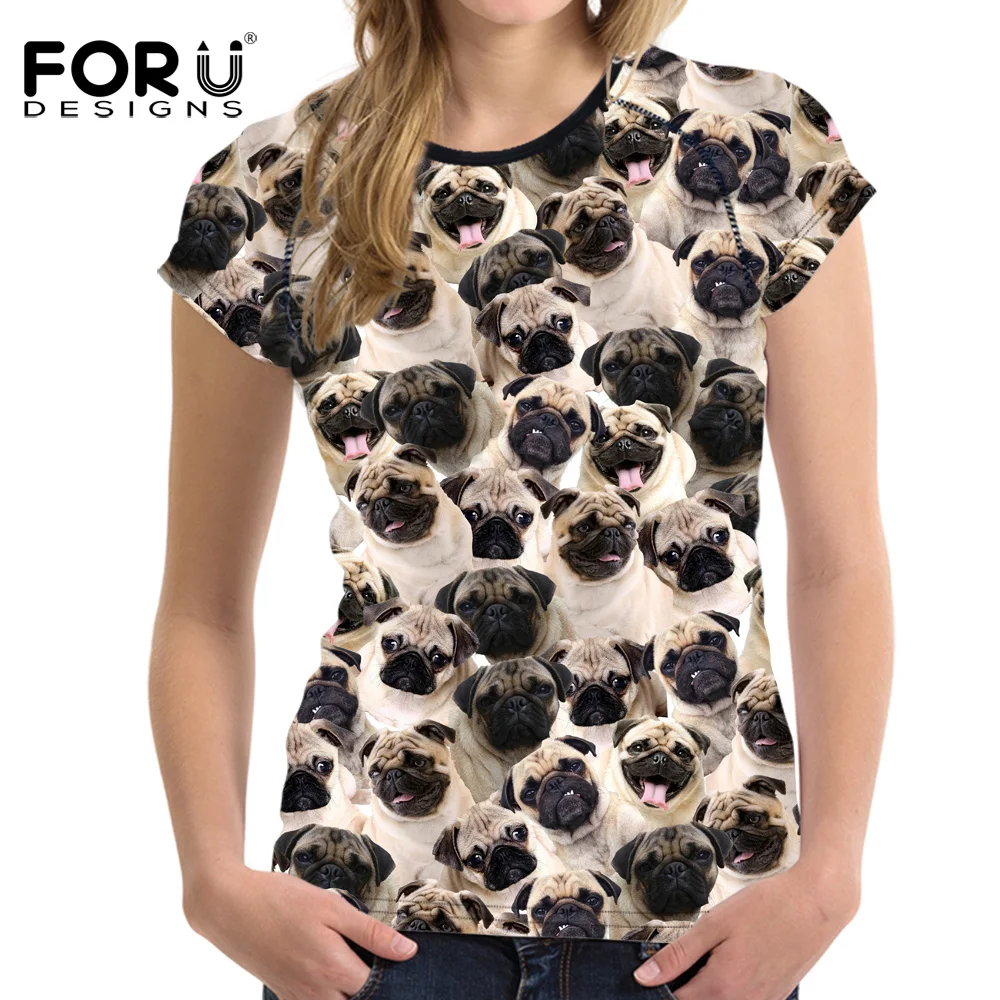 

FORUDESIGNS Funny 3D Pug Dog Women Basic T Shirt Summer Woman Tops O Neck Breath Female Short Sleeved T-shirt For Girls Feminine