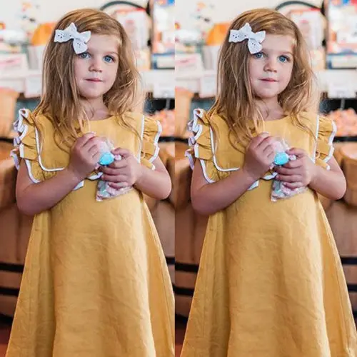 Summer Kids Baby Girl Yellow Dress Ruffles Sleeveless Dress Party Pageant Princess Dress Sundress Children Casual Clothes 1-6T