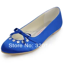 Free Shipping Sweet Royal Blue Red Flat Shoes EP2030 Round Toe Bow Rhinestone Ballet Flats Satin Wedding Bridal Woman Shoes