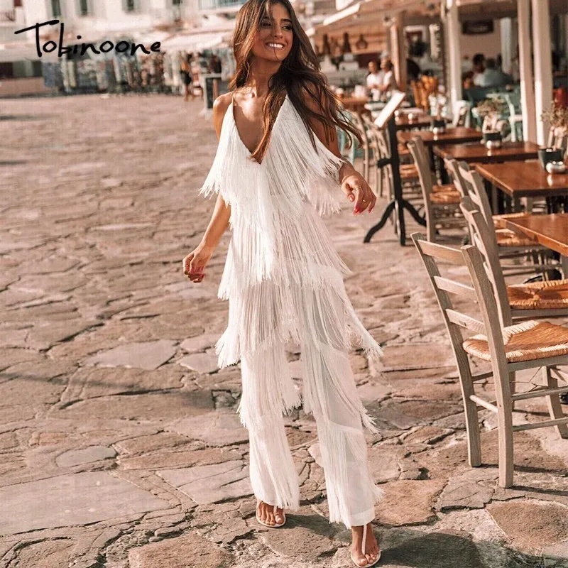 

Tobinoone Tassel Long Jumpsuits Back Zipper Bodycon Sexy Rompers Womens Jumpsuit Plus Size Stitching Black Women Overalls