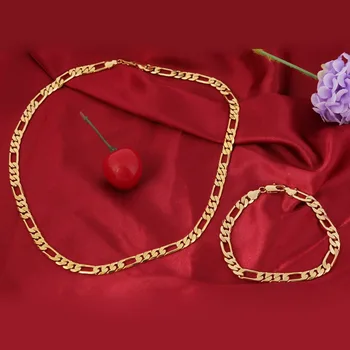 

24k Yellow Gold Filled Mens Nickel Free Set of Figaro Chain Necklace Bracelet Set