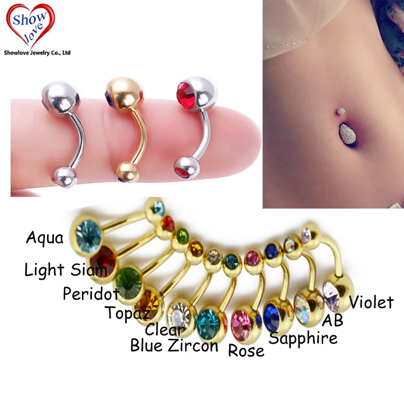 

Showlove-1pcs 316L Surgical Steel Gold Titanium Anodized Belly Bar Navel Button Ring Double Crystal Gem Body Piercing