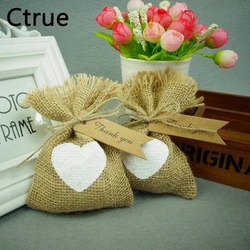 

20pcs/lot 10*14cm Hessian Burlap white heart Bag Jute Gift Bags candy bag wedding gifts for guests rustic wedding decoration