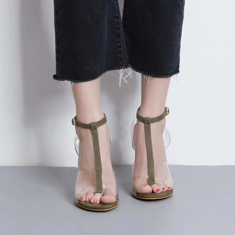

2017 New style Women Pumps Celebrity Wearing Simple Style PVC Clear Transparent T-band Buckle Sandals High Heels Shoes Woman