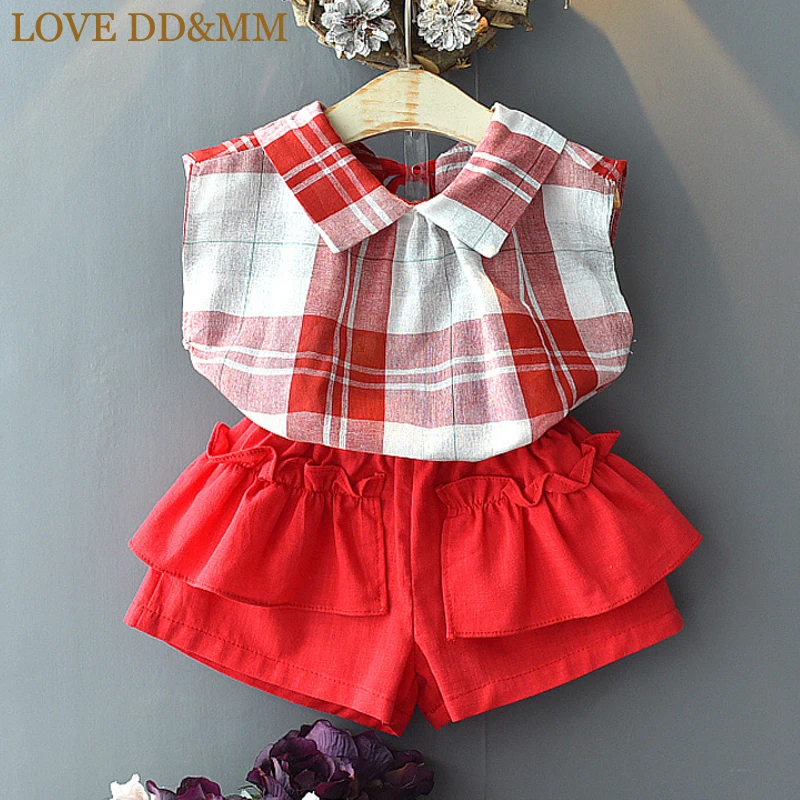 

LOVE DD&MM Girls Sets 2019 Summer New Children's Clothing Girls Foreign Lapels Sleeveless Plaid Shirt + Pleated Shorts Suit