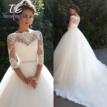 LOCA OFERTA ❤️ Bateau-vestido de novia sin mangas de tres cuartos, ilusión de espalda, con cuentas en la cintura, con botones traseros - discount item 35% OFF Bodas y eventos