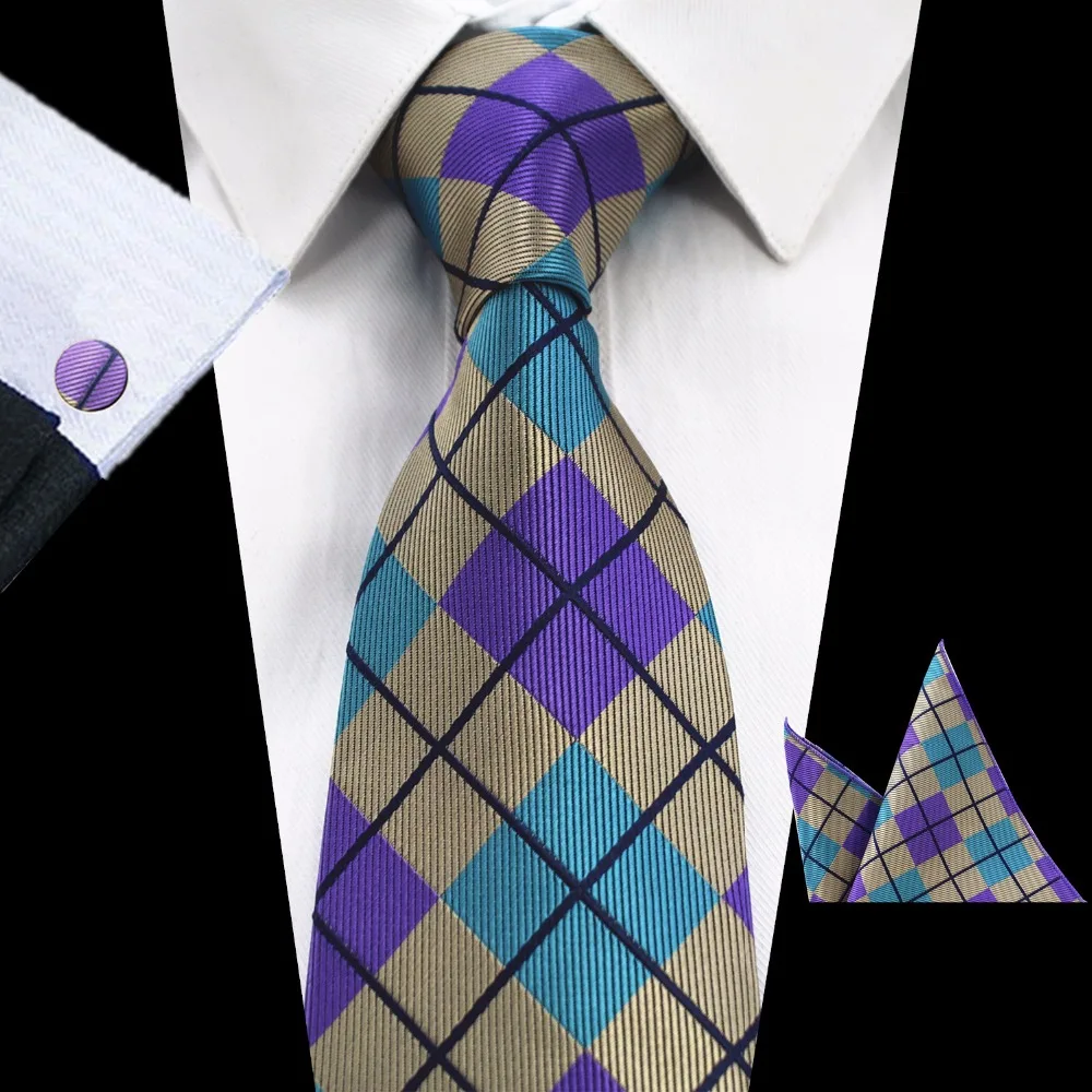 GUSLESON Шелковый клетчатый галстук набор 8 см коричневый серый галстук гравата Карманный квадратный Галстук платок Запонки костюм для свадьбы