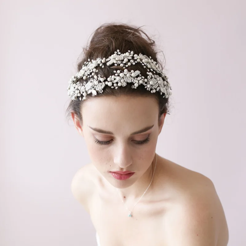 Dower me Handmade Pearl Beading Wedding Headpiece Crystal Bridal Tiara Headband Elegant Hair Accessories pearl beading flounce bardot velvet bodysuit