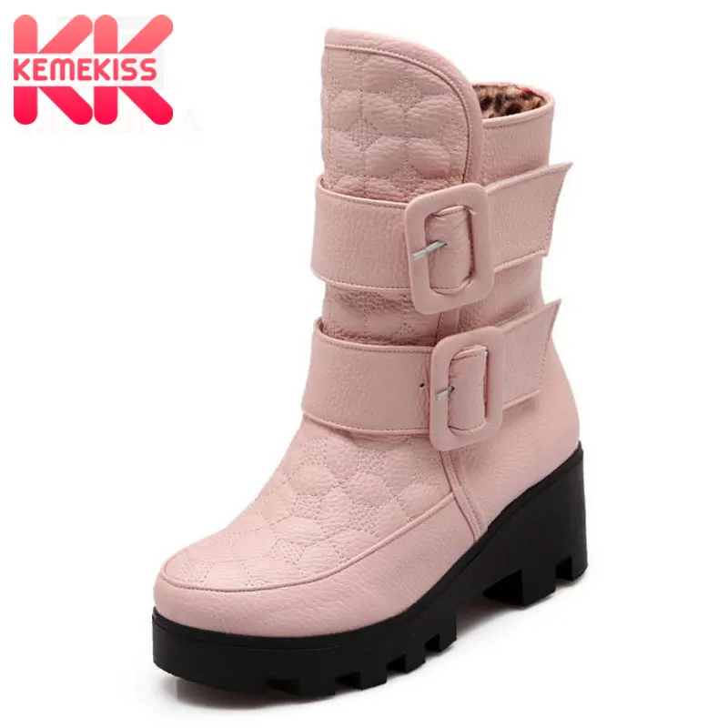 

KemeKiss Women Flat Shoes Half Short Boots Warm Winter Snow Boots Thickened Plush Fur Boots Fashion Buckle Footwear Size 34-43