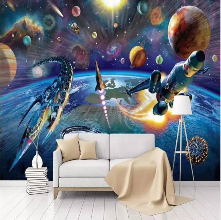 

Custom Mural Wallpaper Modern Hand Painted Cartoon Space Spaceship Children Room Bedroom Wall Decoration Wallpaper for Kids Room