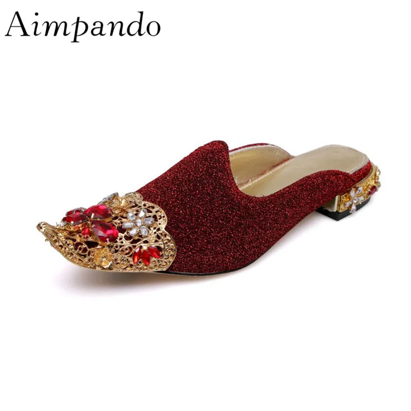 

Luxury Diamond Decor Slippers Individual Pointy Toe Comfort Shallow Retro Square Heel With Rhinestone Shoes