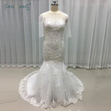 Sexy 2017 Wedding Dresses Turkey Scoop Mermaid Appliqued Tulle Bridal Gown with Removable Train Open Back