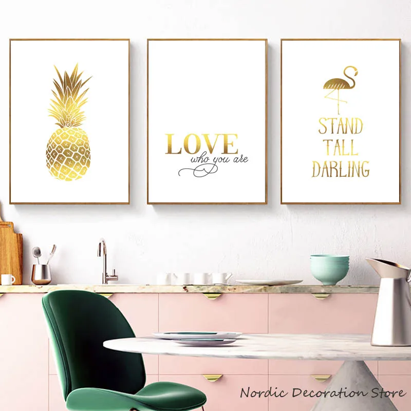

Nordic Yellow Painting Pineapple Flamingo Poster Gold Love Letter Posters And Prints Canvas Pictures For Living Room Unframed