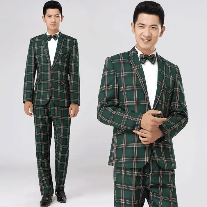 Buy Green brown plaid formal dress male suit set men