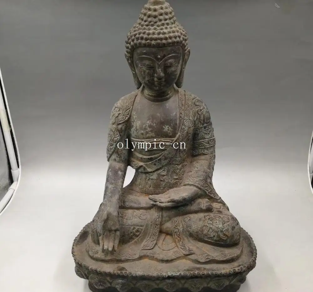 

14'' old bronze copper carved eight auspicious symbols Sakyamuni buddha statue