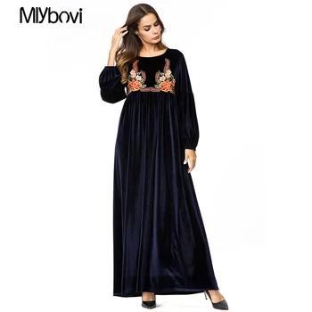 

Womens Muslim Chiffon Long Sleeve Long Maxi Dress Vintage Dresses Navy Female Embroidery Middle East Abaya Muslim Abaya Kimono