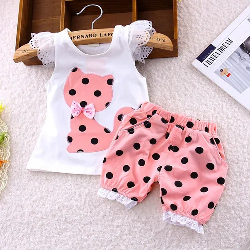 Г., летний корейский комплект одежды для маленьких девочек, детская рубашка с бантом и рисунком кота+ шорты Детский комплект одежды в горошек из 2 предметов - Цвет: Розовый