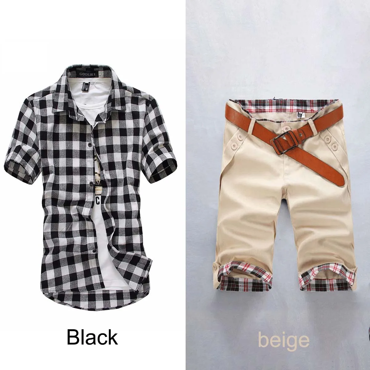 2018 3 Color Plaid Shirt Men Shirts New Summer Shirts+Loose Cargo Shorts matching Beach Casual Cotton Capris Short Pants belt