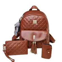 Fashion Backpack Women Leather Back Pack Famous Brand School Bags for Girls sac a dos femme with Purse and Bear Travel Back Bag