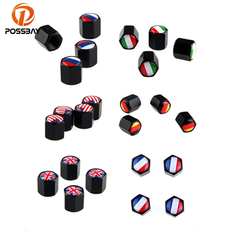 

POSSBAY Black/Silver Car Tire Valve Caps Russia UK US Italy France German Flag Logo Tyre Wheel Cap Motor Air Stems Cover