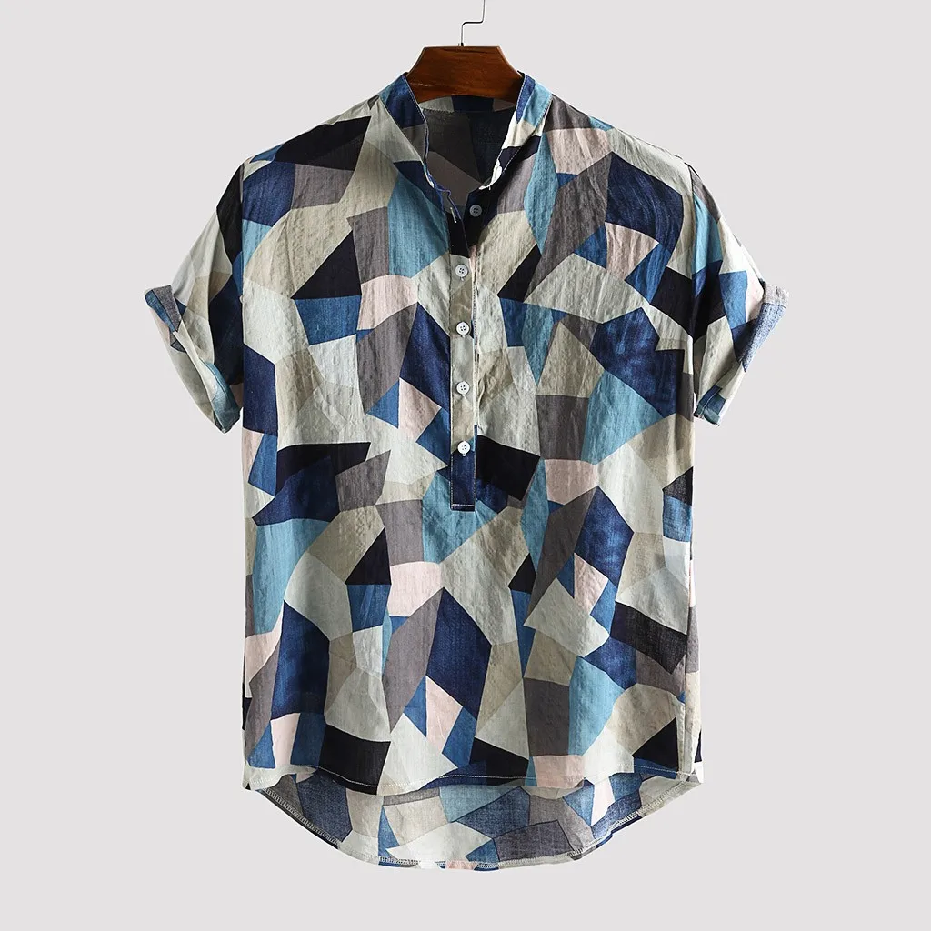 

Feitong 2019 Casual Style Print Men Shirt Short Sleeve Stand Collar Casual Tops Loose Vintage Beach Men Hawaiian Shirts M-XXXL