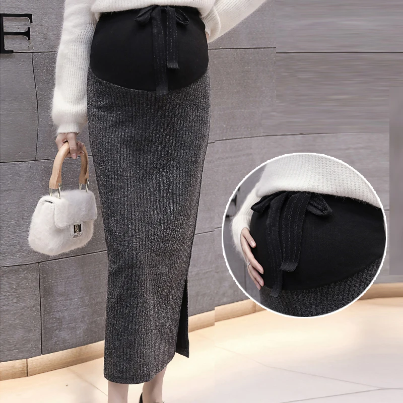 

OL Pregnant Women Midi Long Skirts Knitted High Waist Side Split Skirt Pregnancy Fashion Clothes Maternity Plus Size Black Gray