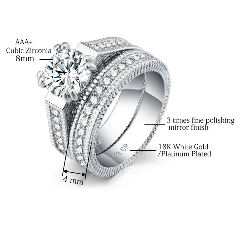 Women Silver Color Luxury 2 Rounds Cubic Zirconia Fashion Wedding Rings Sets, Men CZ 316L Stainless Steel Ring Couple Gifts