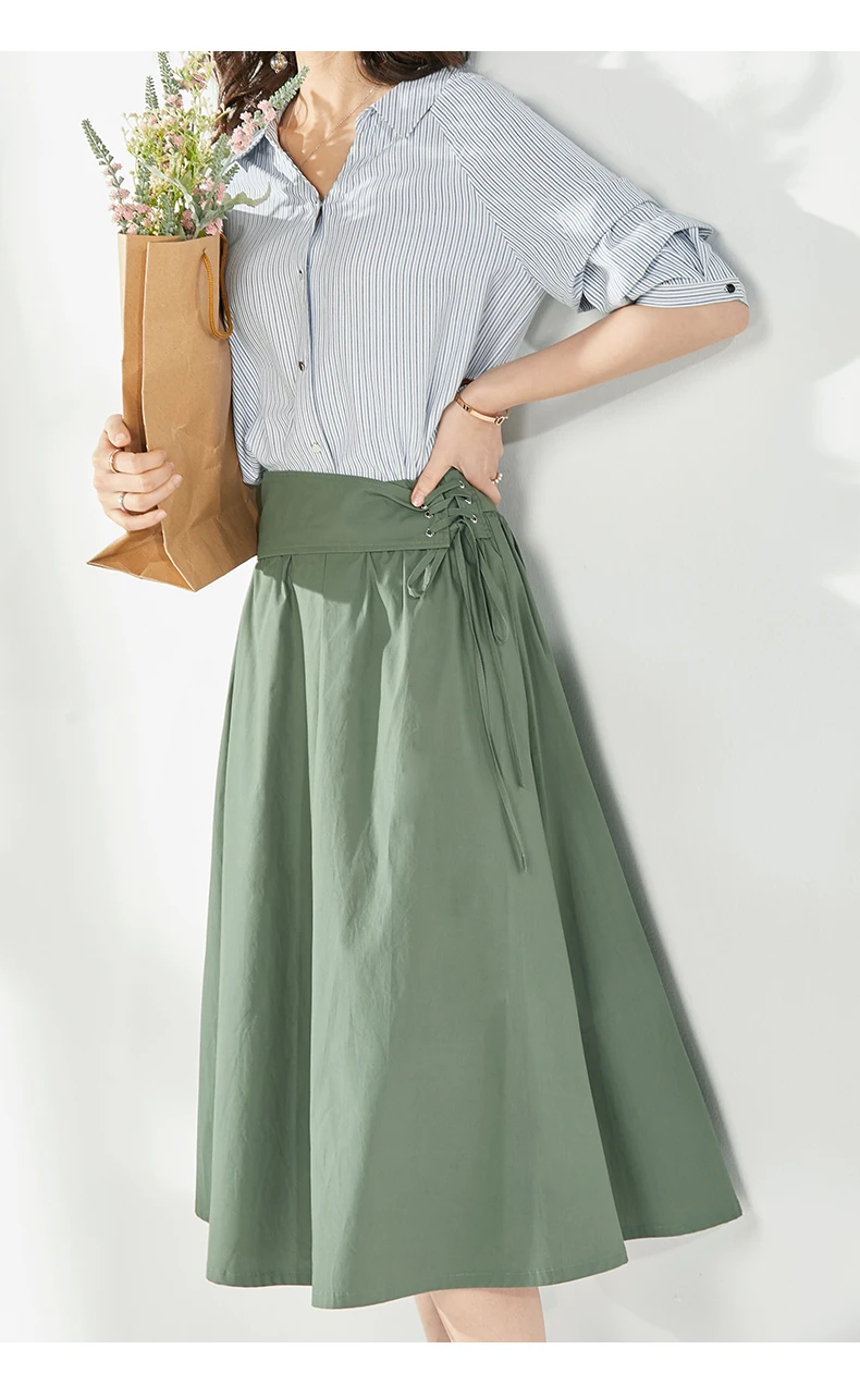 Vimly Summer Midi Lace Up Women Skirt Casual A Line Ladies High Waist Skirt Ladies Green Blue Solid Color Elegant Street Wear