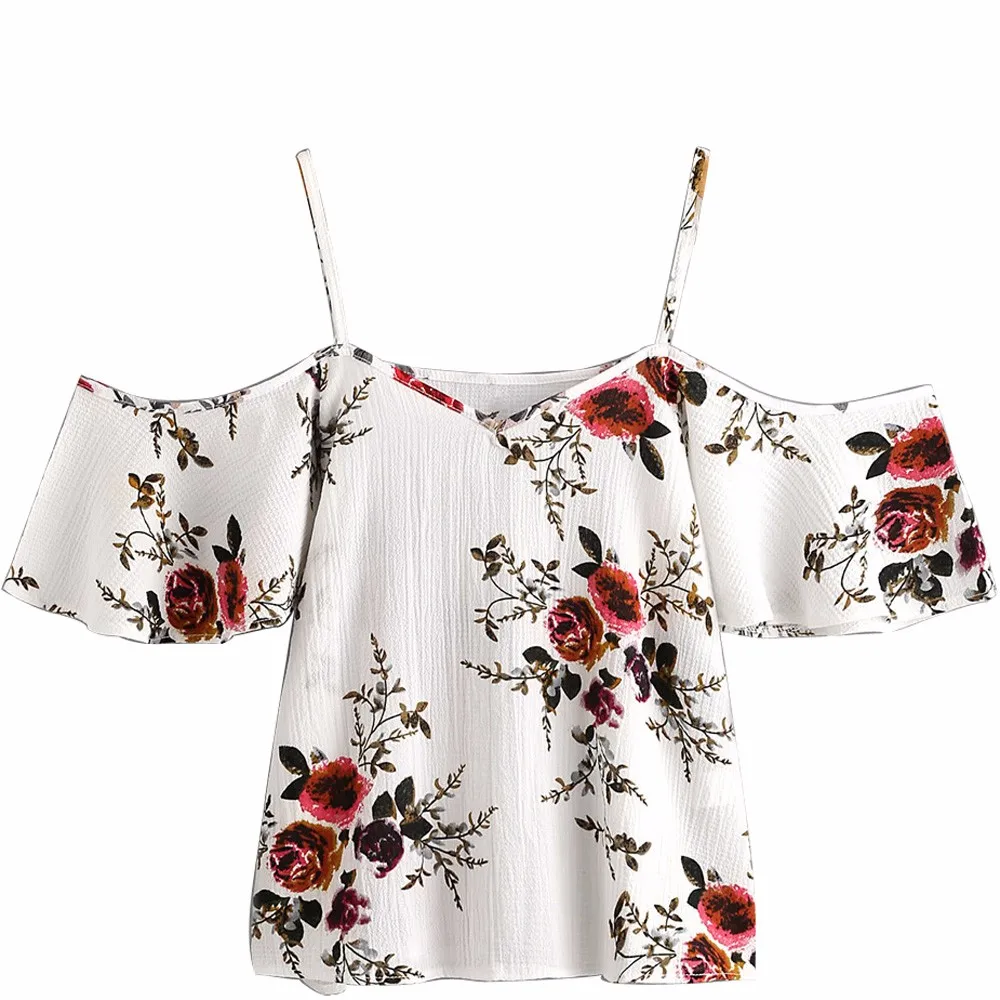 

CHAMSGEND Women's shirts 2018 Simple Fashion Casual Women Summer Printed Blouse Cold Shoulder Top Print V-Neck June22