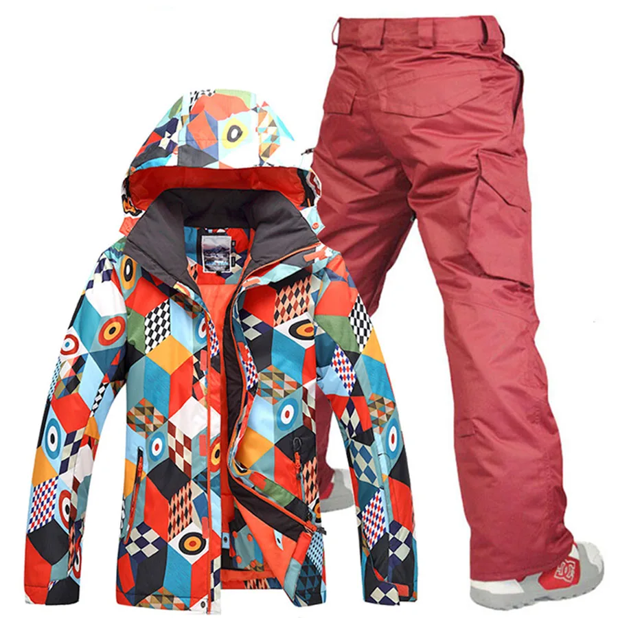 Gsou Снежный мужской лыжный костюм брюки+ куртки/набор зимних видов спорта сноуборд мужские лыжные комплекты водонепроницаемый ветрозащитный - Цвет: jujube red pants