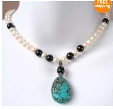 

FREE SHIPPING>>>@@ Jewelry pearl & agate necklace turquoise pendant