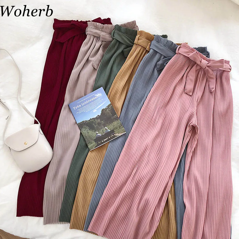 

Woherb Korean Autumn Wide Leg Pants Women Casual High Waist Pants with Bow Belt 2019 New Pleated Pant Trousers Femme 21057