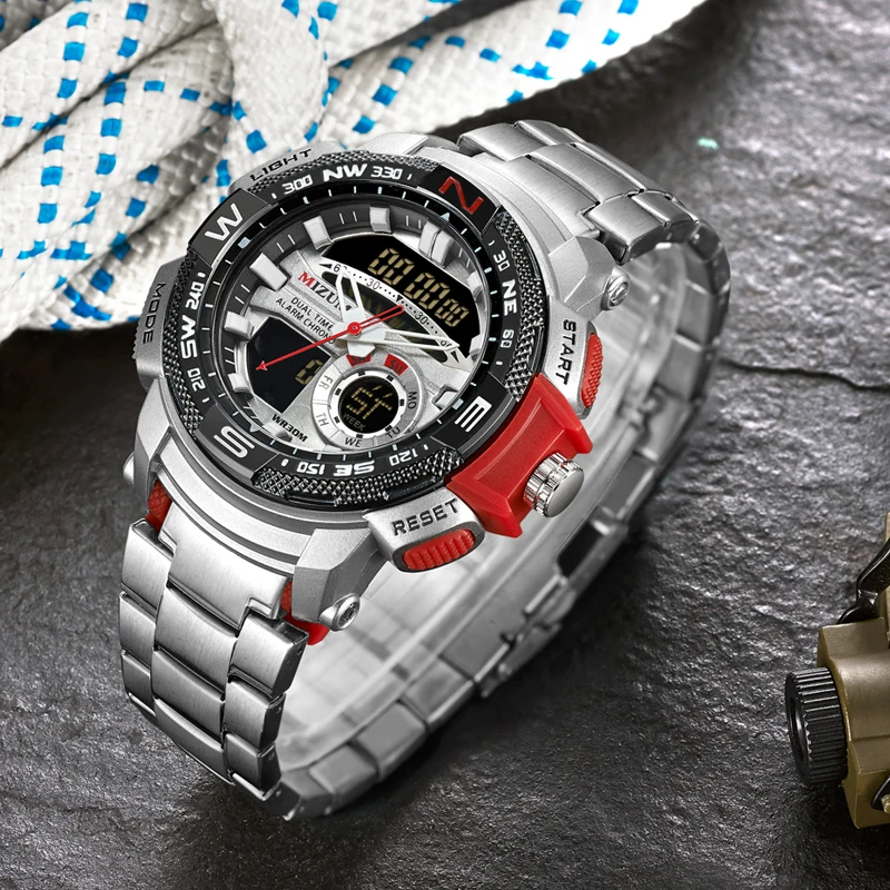 2019 cool big case golden steel band bracelet quartz watches for men led digtial sports watches mens wristwatches dual time zones military style clock man drop shipping (28)