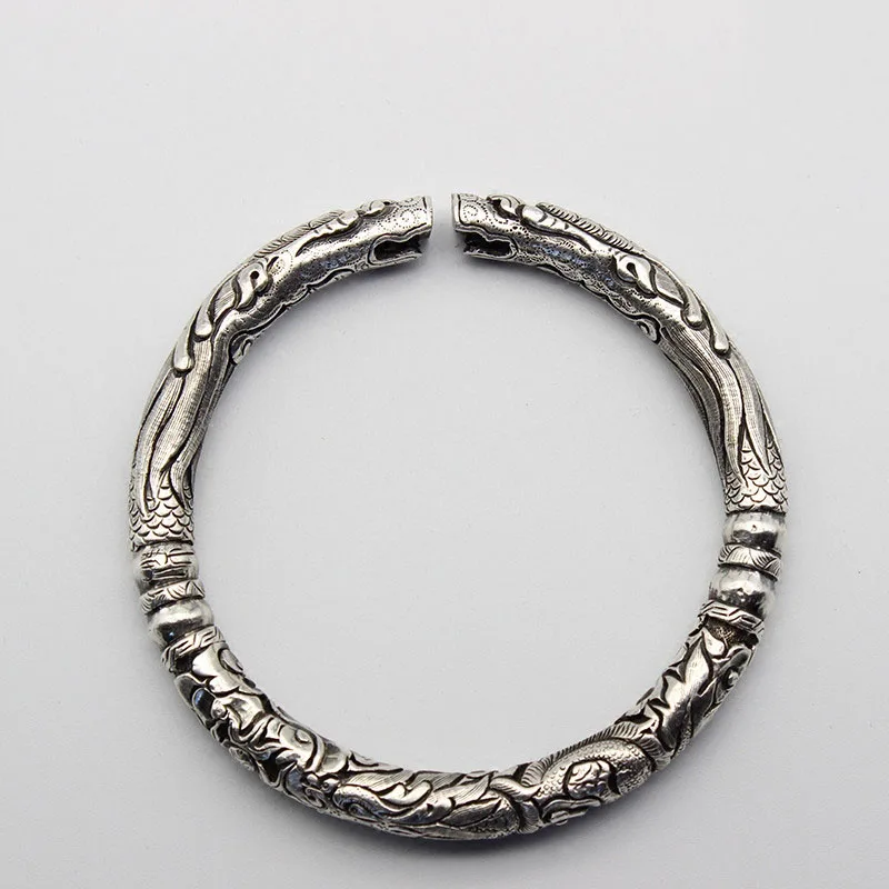 

Thai silver S999 silver Double Dragon Play beads hand-carved open dragon hand ring Fand Men's Bracelets