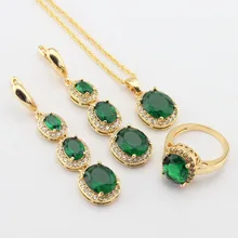 WPAITKYS Женский Золотой набор зеленых ювелирных украшений камни Белый CZ длинные серьги/ожерелье кулон/Кольца подарочная коробка