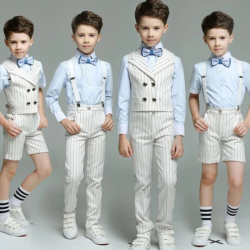 Crianças menino terno listrado duplo, 4 peças (alça/colete + calça + camiseta + laço) para casamento/desempenho/de aniversário fashion blazers|Blazers| - AliExpress