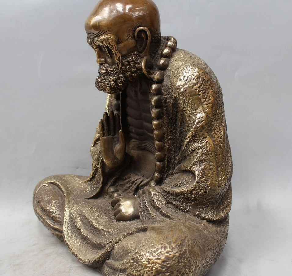 26CM China Pure Bronze Mahayana Arhat Damo Bodhidharma Dharma Buddha Amitabha Statue