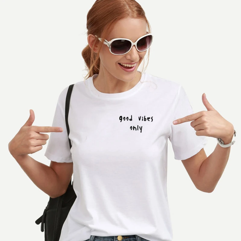 Модная футболка с надписью "good Vibes Only", черная хлопковая Милая дышащая повседневная женская футболка, Harajuku, свободные кавайные Топы