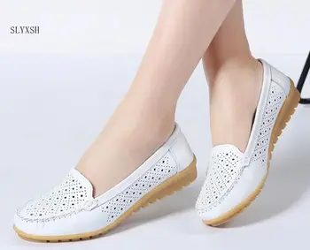 

SLYXSH 2019 Summer women flats shoes women genuine leather shoes woman cutout loafers slip on ballet flats ballerines flats
