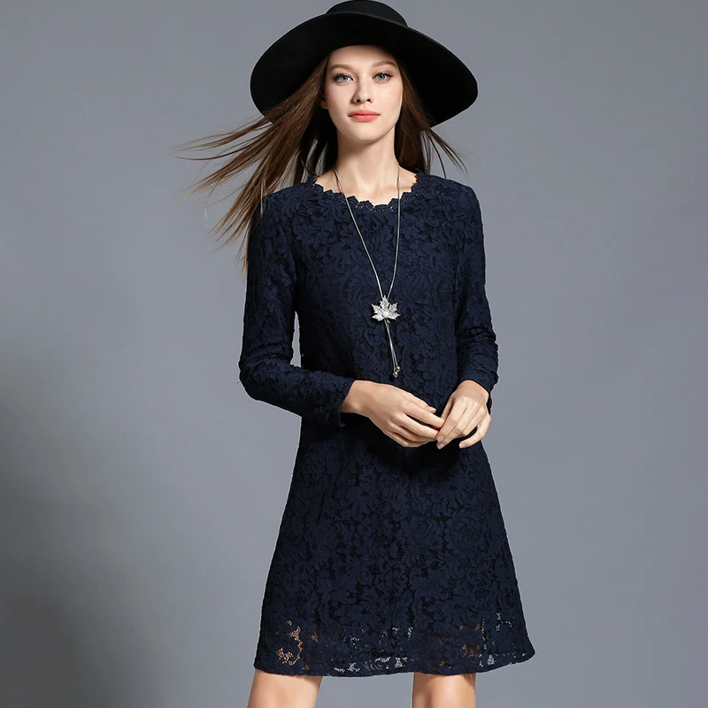 2017 Autumn Winter Plus Size Floral Lace Dresses Navy blue Elegant Long Sleeves Lady Dress High