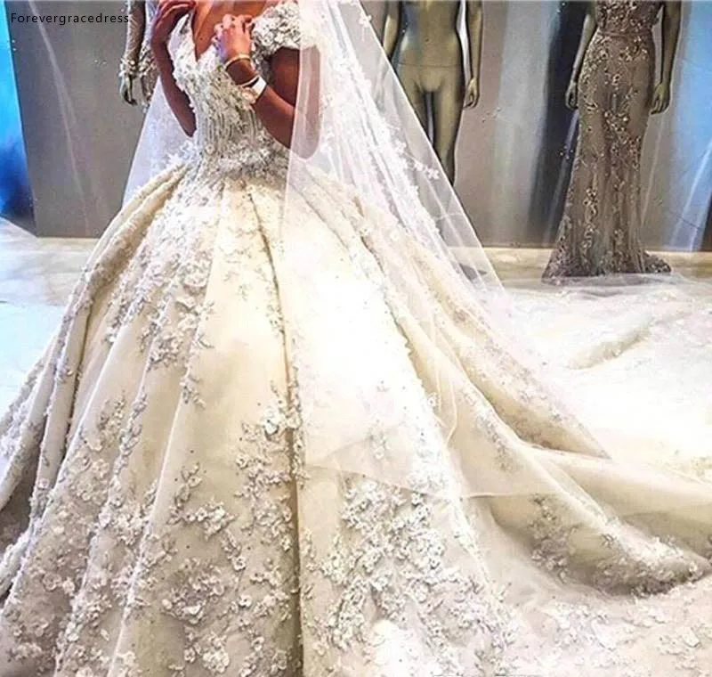 Luxurious Princess Wedding Dresses Ball Gowns 3D Flower Appliques Puffy Ball Gowns Off the Shoulder Cathedral Train Wedding Gowns BC1119  399 (8)