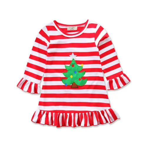 

Christmas Toddler Kids Baby Girl Stripe Dress Xmas Tree Clothes Outfits 1-6T